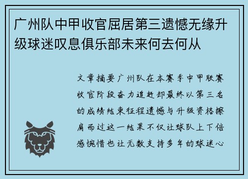 广州队中甲收官屈居第三遗憾无缘升级球迷叹息俱乐部未来何去何从